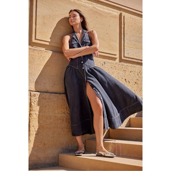 Free People Soundwave Denim Halter Maxi Dress in Black Size Small Bohemian - Picture 5 of 11